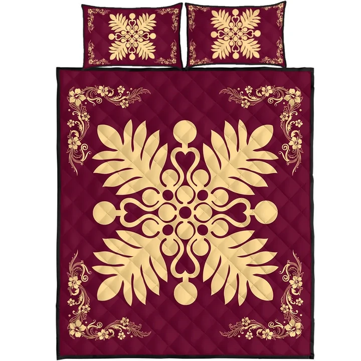 Alohawaii Quilt Bed Set - Hawaiian Quilt Maui Plant And Hibiscus Pattern Quilt Bed Set - Beige Burgundy