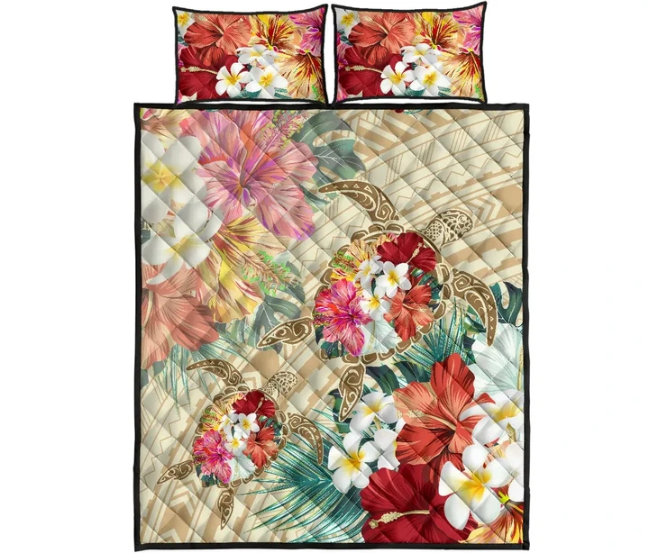 Alohawaii Quilt Bed Set - Hawaii Floral Turtle Quilt Bed Set - Beige