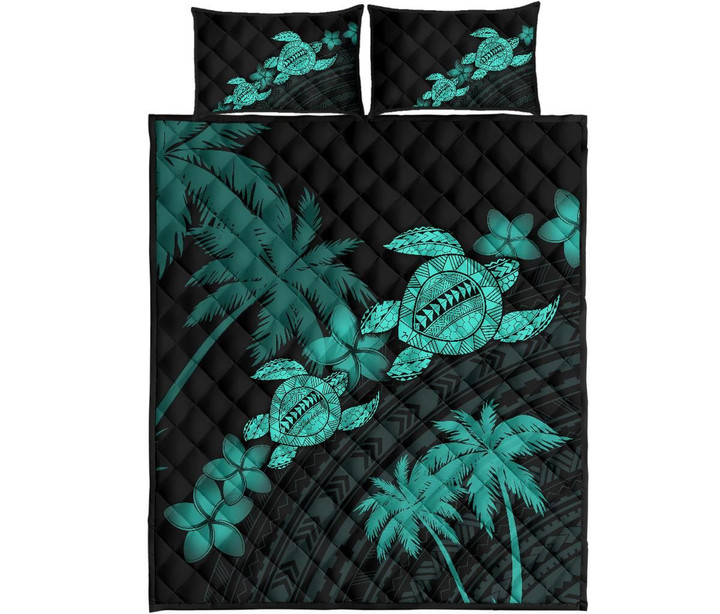 Alohawaii Quilt Bed Set - Hawaii Turtle Plumeria Coconut Tree Polynesian Quilt Bed Set - Turquoise