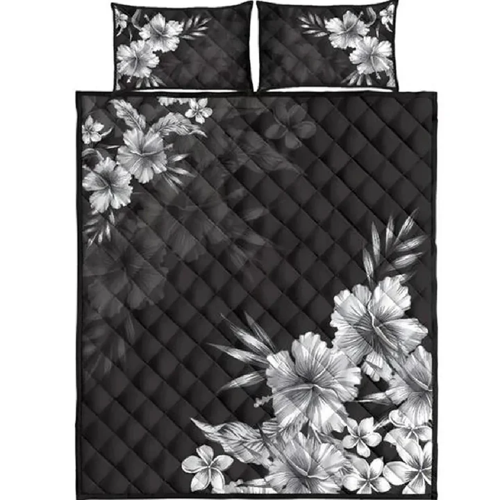 Alohawaii Quilt Bed Set - Black n White Hibiscus Quilt Bed Set
