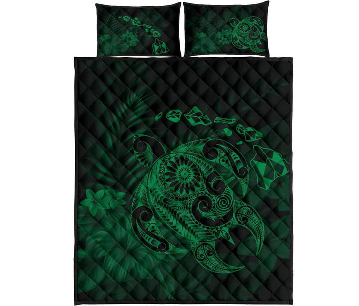 Alohawaii Quilt Bed Set - Hawaii Turtle Map Hibiscus Polynesian Green Quilt Bed Set