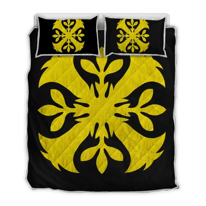 Alohawaii Quilt Bed Set - Hawaiian Royal Pattern Quilt Bed Set - Black And Yellow - F3 Style