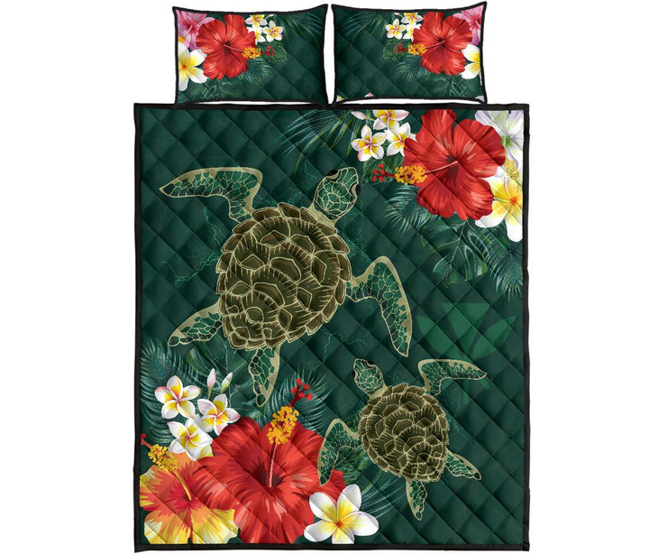 Alohawaii Quilt Bed Set - Hawaii Sea Turtle Hibiscus Plumeria Quilt Bed Set
