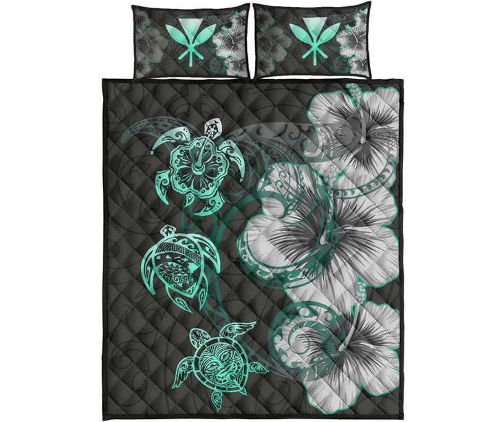 Alohawaii Quilt Bed Set - Hawaii Map Turtle Hibiscus Polynesian Green - Quilt Bed Set