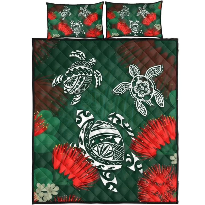 Alohawaii Quilt Bed Set - Hawaii Lehua Flowers Turtle Poly Quilt Bed Set - Ser Style