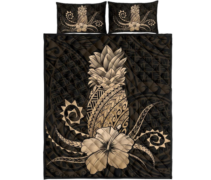 Alohawaii Home Set - Quilt Bed Set Hawaii Polynesian Pineapple Hibiscus Zela Style Gold | Alohawaii.co