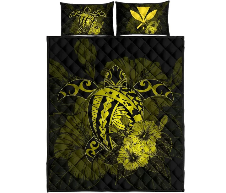 Alohawaii Quilt Bed Set - Hawaii Hibiscus Quilt Bed Set - Harold Turtle - Yellow