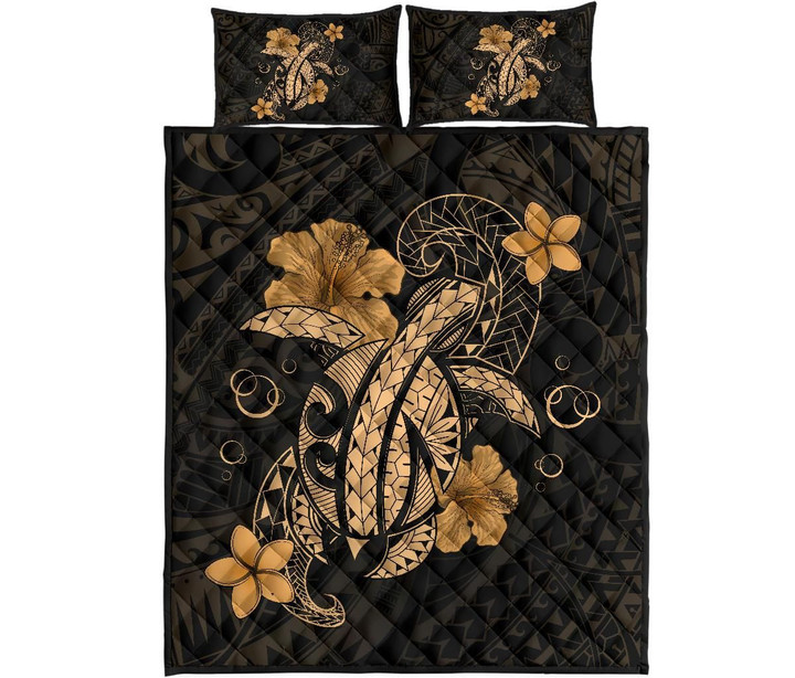 Alohawaii Quilt Bed Set - Hawaii Turtle Flower Polynesian Quilt Bed Set - Gold