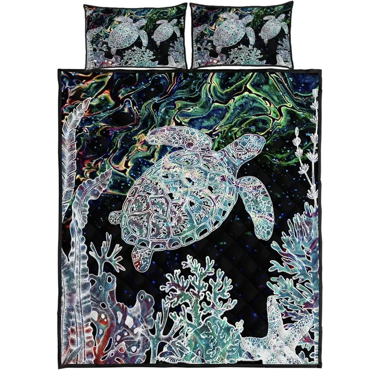 Alohawaii Quilt Bed Set - Hawaii Turtle Corals Shell Background Quilt Bed Set