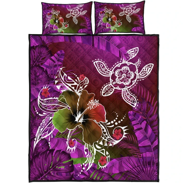 Alohawaii Quilt Bed Set - Hawaii Turtle Flowers And Palms Retro Quilt Bed Set - Pink