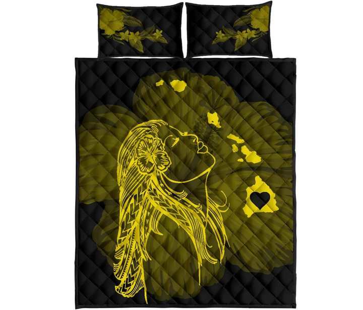 Alohawaii Quilt Bed Set - Hula Girl Hibiscus Map Quilt Bed Set - Yellow