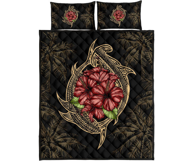 Alohawaii Quilt Bed Set - Hawaii Shark Hibiscus Gold Quilt Bed Set