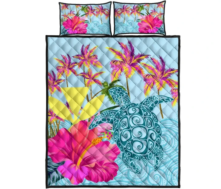 Alohawaii Quilt Bed Set - Hawaii Sea Turtle Hibiscus Kanaka Quilt Bed Set