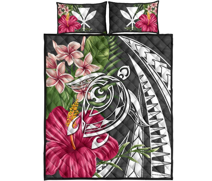 Alohawaii Quilt Bed Set - Hawaii Polynesian Turtle Tropical Hibiscus Plumeria Quilt Bed Set - Gray