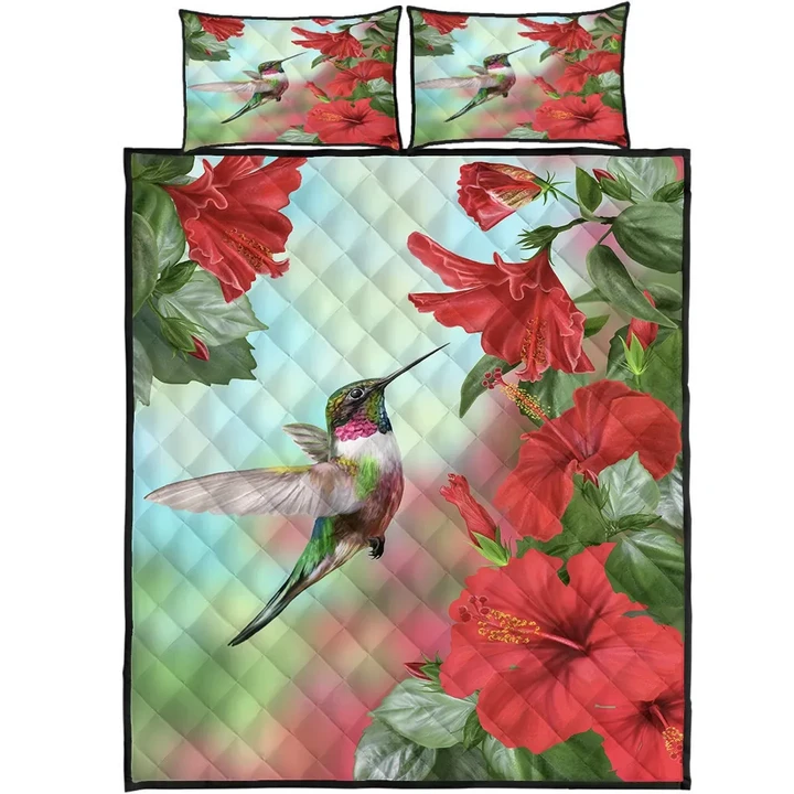 Alohawaii Quilt Bed Set - Hawaii Hummingbird Red Hibiscus Quilt Bed Set