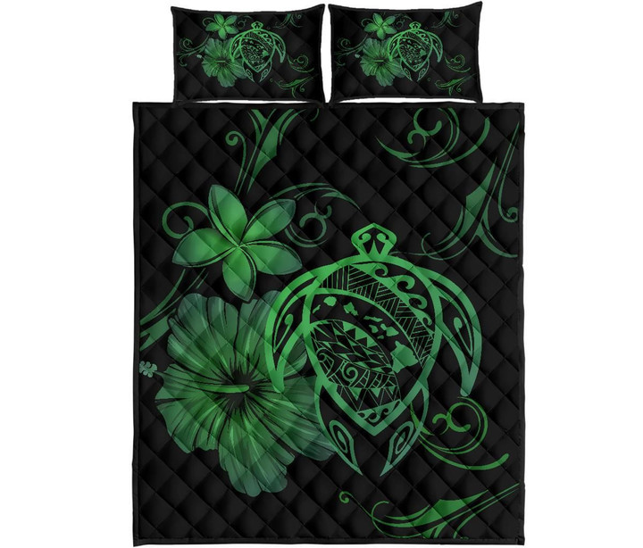 Alohawaii Quilt Bed Set - Hawaii Turtle Kanaka Map Hibiscus Poly Quilt Bed Set - Green