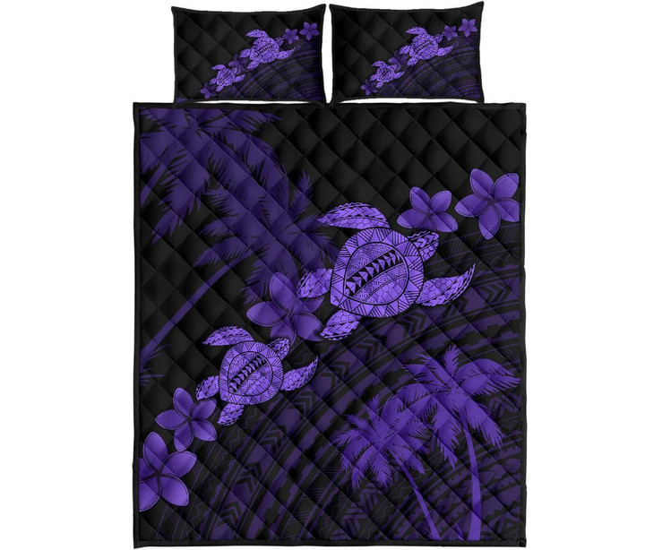 Alohawaii Quilt Bed Set - Hawaii Turtle Plumeria Coconut Tree Polynesian Quilt Bed Set - Purple