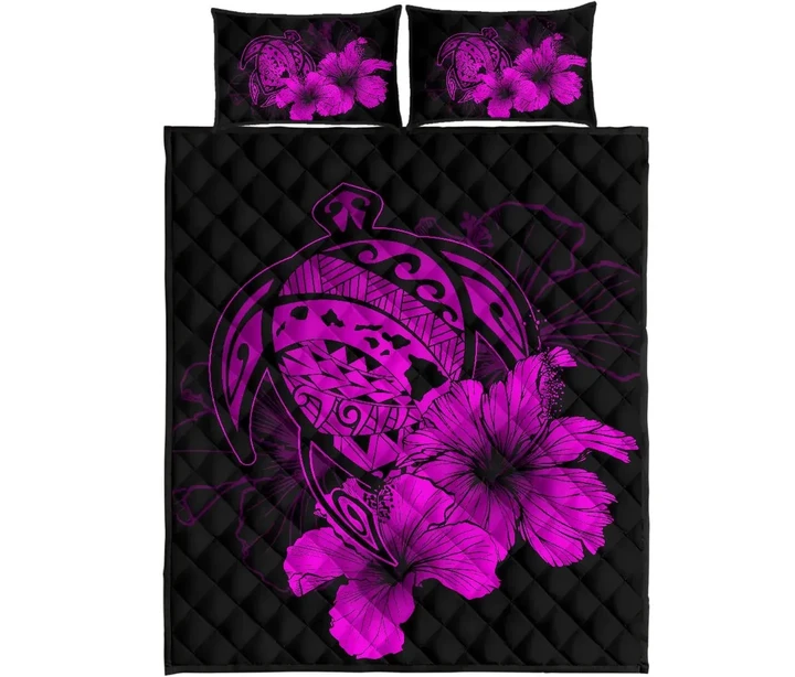 Alohawaii Quilt Bed Set - Hawaiian Map Turtle Hibiscus Polynesian Quilt Bedding Set - Violet