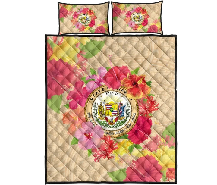 Alohawaii Quilt Bed Set - Hawaii Coat Of Arm Hibiscus Quilt Bed Set