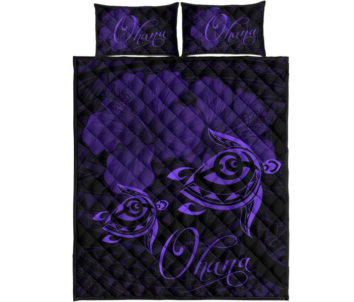 Alohawaii Quilt Bed Set - Hawaii Turtle Ohana Hibiscus Poly Quilt Bed Set Purple