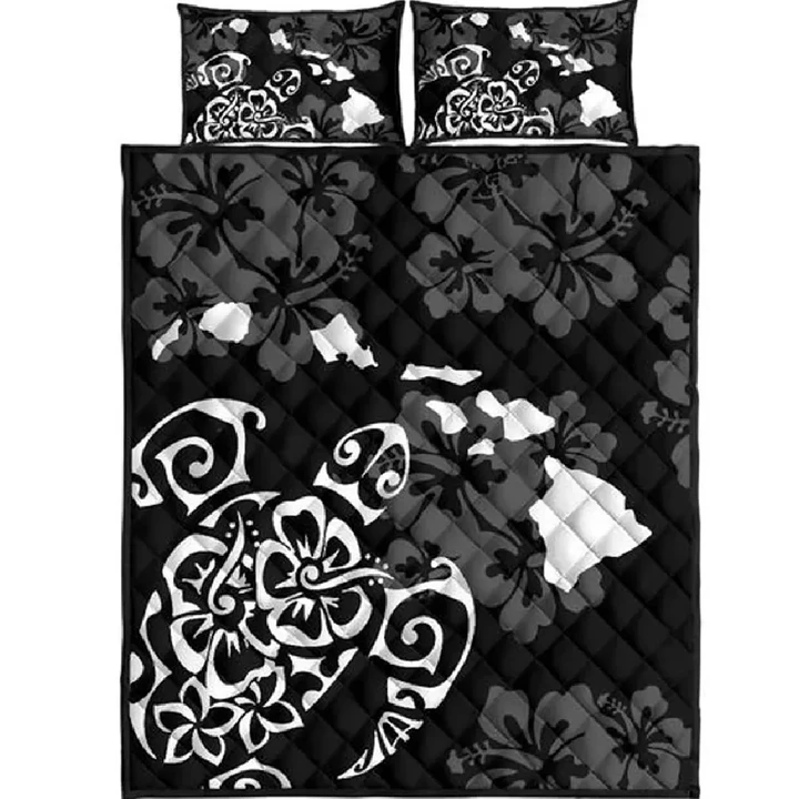 Alohawaii Quilt Bed Set - Turtle Hibiscus Map White Quilt Bed Set