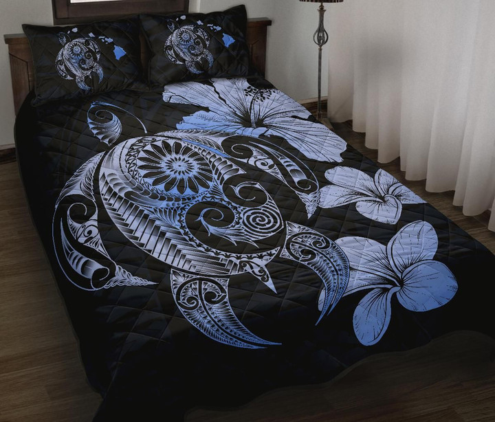 Alohawaii Quilt Bed Set - Hibiscus Plumeria Mix Polynesian Blue Turtle Quilt Bed Set