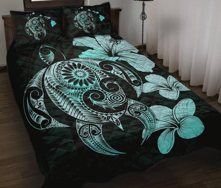 Alohawaii Quilt Bed Set - Hibiscus Plumeria Mix Polynesian Turquoise Turtle Quilt Bed Set