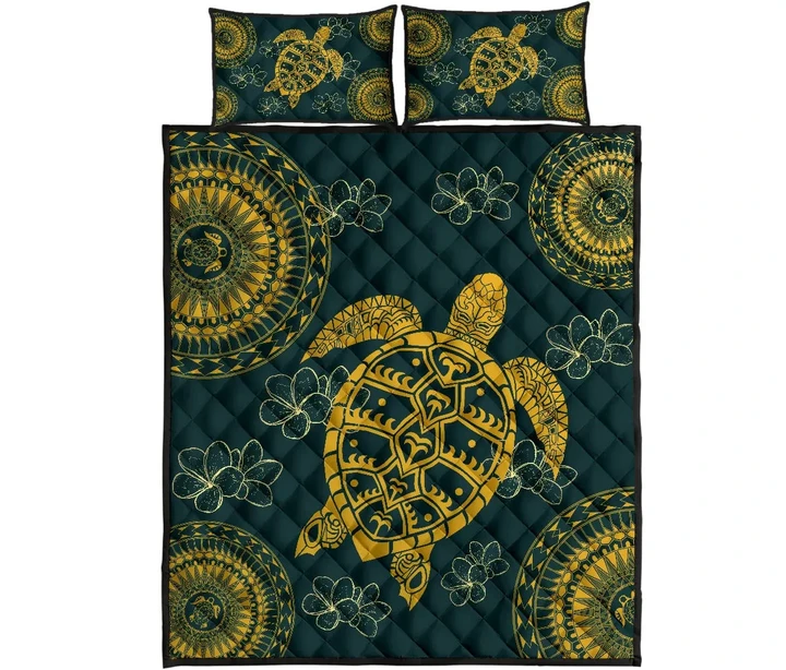Alohawaii Quilt Bed Set - Hawaii Turtle Polynesian Gold - Quilt Bed Set