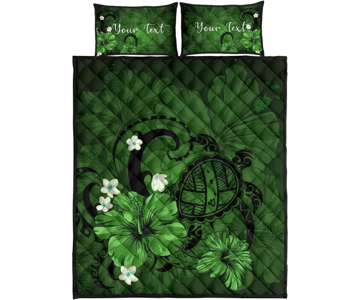 Alohawaii Home Set - Quilt Bed Set Personalized Hawaii Map Turtle Hibiscus Plumeria Polynesian Green | Alohawaii.co
