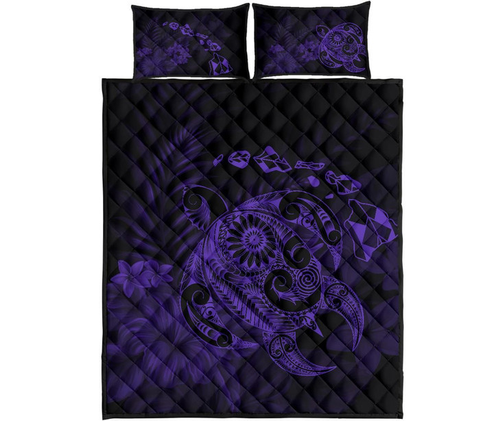 Alohawaii Quilt Bed Set - Hawaii Turtle Map Hibiscus Polynesian Purple Quilt Bed Set