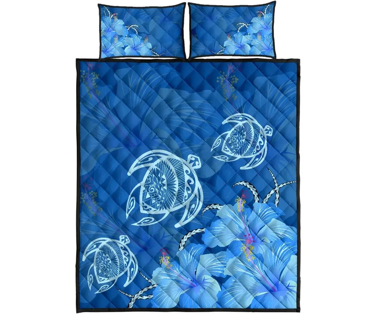Alohawaii Quilt Bed Set - Hawaii Blue Hibiscus Turtle Polynesian Quilt Bed Set