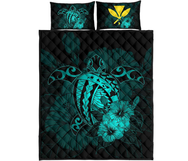 Alohawaii Quilt Bed Set - Hawaii Hibiscus Quilt Bed Set - Harold Turtle - Turquoise