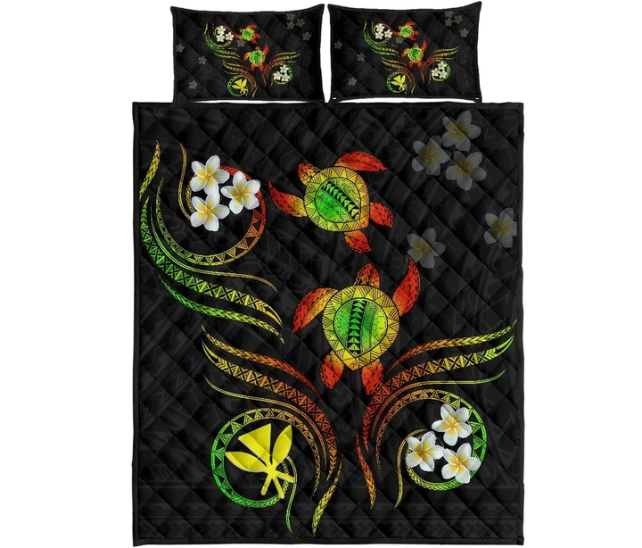 Hawaii Kanaka Turtle Plumeria Polynesian Quilt Bed Set - Royal - AH - J2