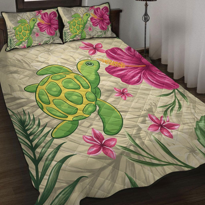homeseta7 Alohawaii Home Set - Cute Turtle Hibiscus Quilt Bed Set J0