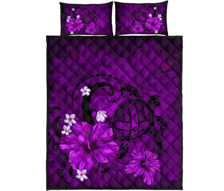 Alohawaii Quilt Bed Set - Hawaii Turtle Poly Tribal Quilt Bed Set - Purple