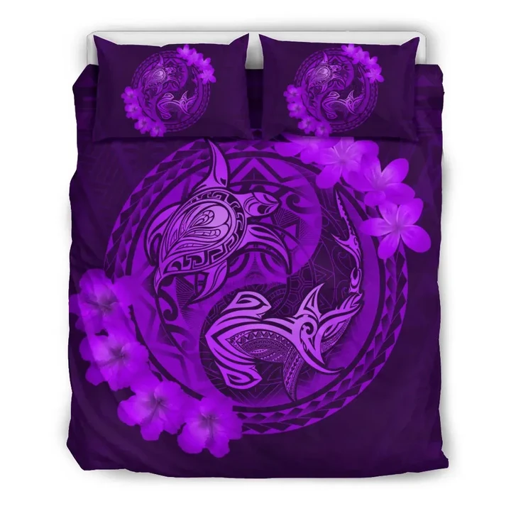 Alohawaii Home Set - Hawaii Yin Yang Turtle Shark Hibiscus Plumeria Bedding Set - Purple - AH - J4