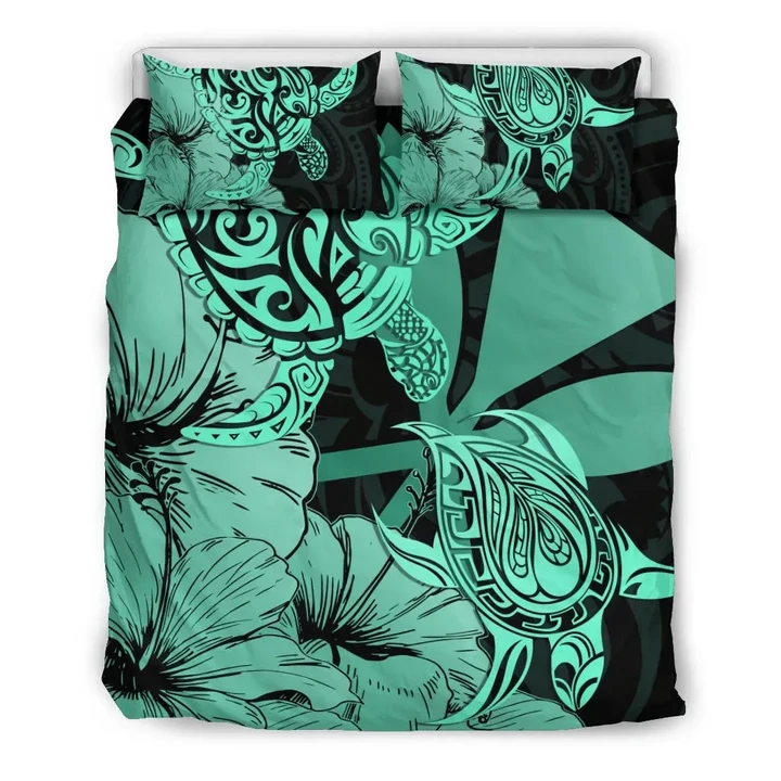 Alohawaii Home Set - Hawaii Turtle Bedding Set Polynesian Hibiscus Art Ver 2.0 Turquoise AH J1