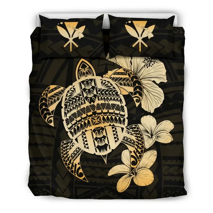 Alohawaii Home Set - Hawaiian Kanaka Hibiscus Plumeria Mix Polynesian Turtle Bedding Set Gold AH J1