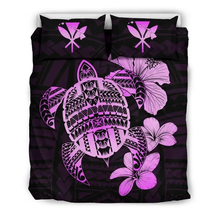 Alohawaii Home Set - Hawaiian Kanaka Hibiscus Plumeria Mix Polynesian Turtle Bedding Set Pink AH J1