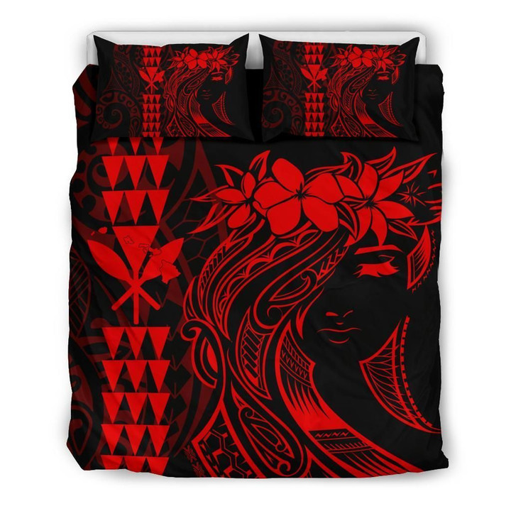 Alohawaii Bedding Set - Cover and Pillow Cases Hawaii Map Kanaka Polynesian Hula Girl - Red | Alohawaii.co