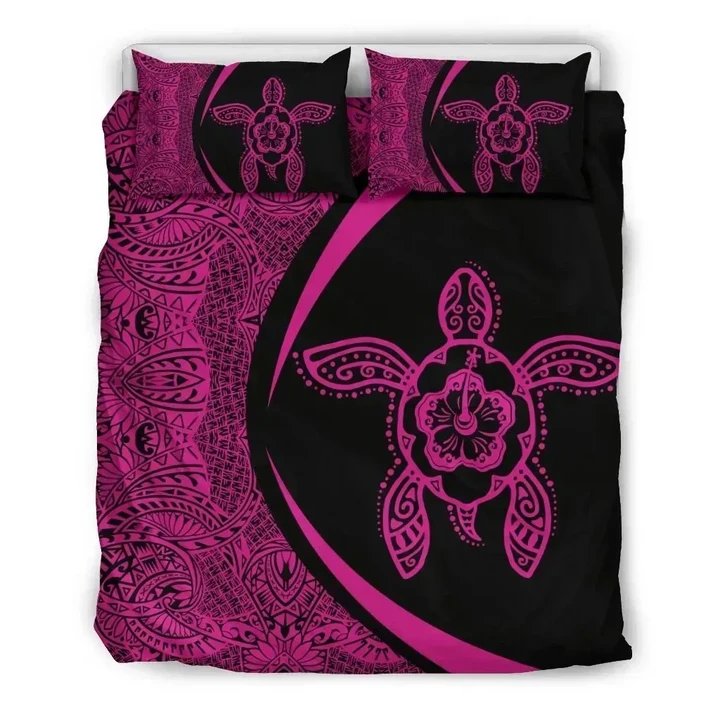 Alohawaii Bedding Set - Cover and Pillow Cases Hawaiian Hibiscus Turtle Polynesian Circle Style Pink | Alohawaii.co