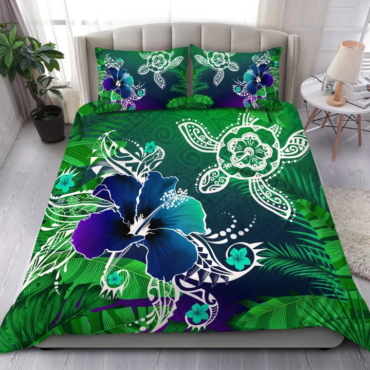 Alohawaii Home Set - Hawaii Turtle Flowers And Palms Retro Bedding Set - Green - AH J8
