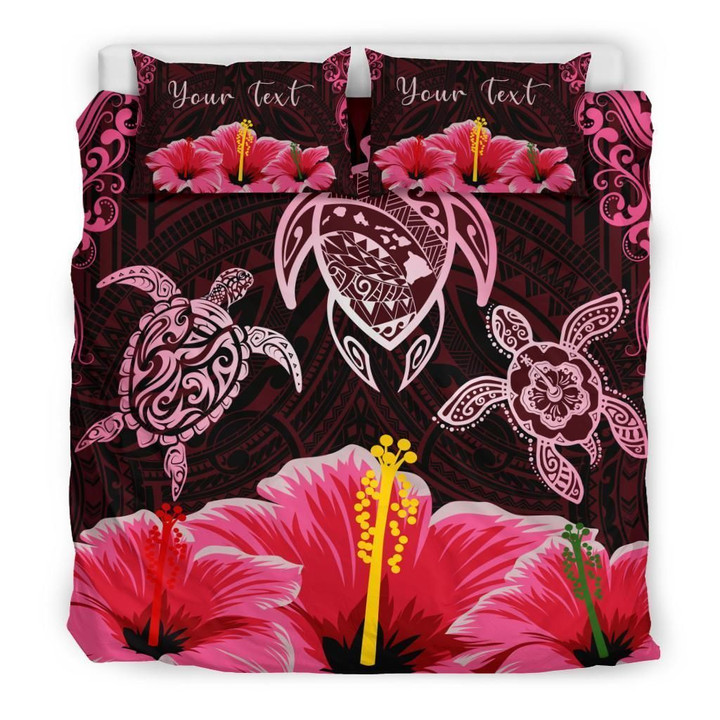 Alohawaii Bedding Set - Cover and Pillow Cases Personalized - Hawaii Map Turtle Hibiscus Polynesian Luxury - Honu Ohana - Pink | Alohawaii.co