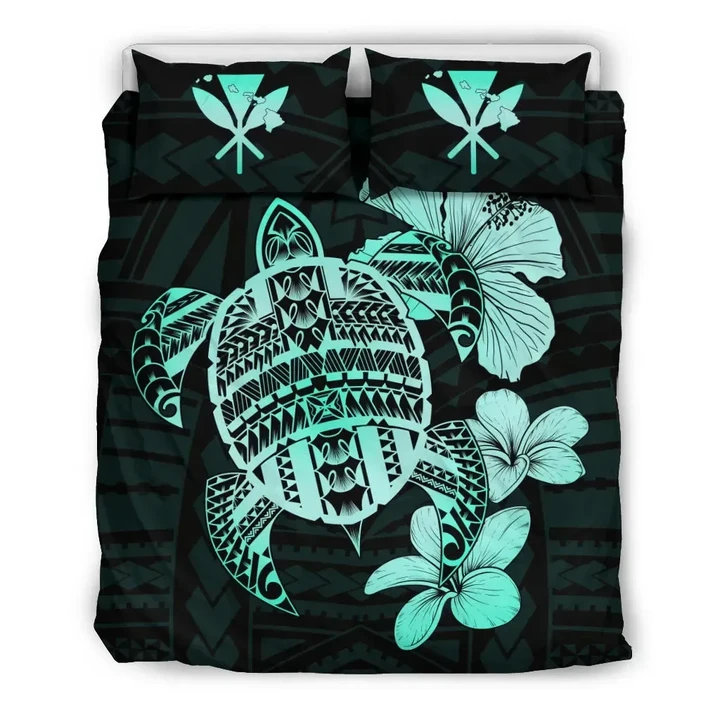 Alohawaii Home Set - Hawaiian Kanaka Hibiscus Plumeria Mix Polynesian Turtle Bedding Set Turquoise AH J1