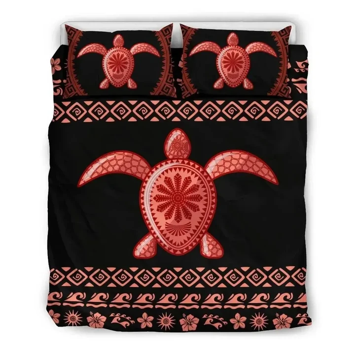 Alohawaii Bedding Set - Cover and Pillow Cases Hawaiian Hibiscus Turtle Polynesian - Red Version- | Alohawaii.co