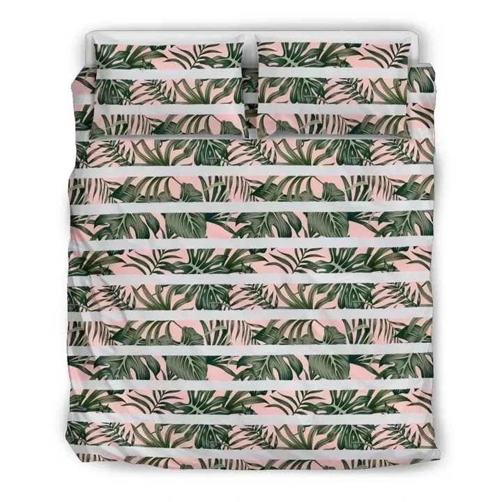 Alohawaii Bedding Set - Cover and Pillow Cases Hawaiian Tropical Green Leaves Seamless White Stripes Pink Background Polynesian | Alohawaii.co