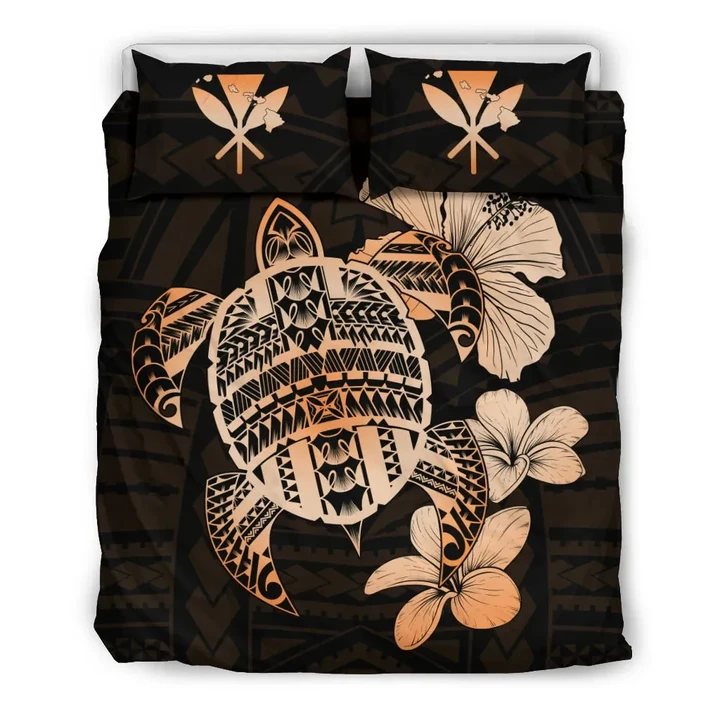 Alohawaii Home Set - Hawaiian Kanaka Hibiscus Plumeria Mix Polynesian Turtle Bedding Set Orange AH J1