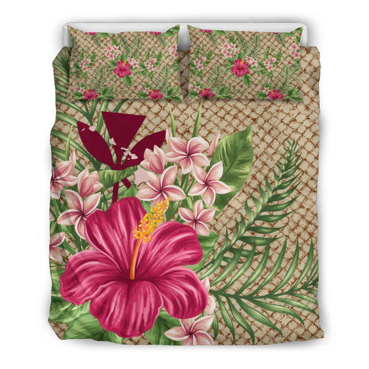Alohawaii Bedding Set - Cover and Pillow Cases Kanaka Maoli ( Hawaiian) - Lauhala Hibicus and Plumeria | Alohawaii.co
