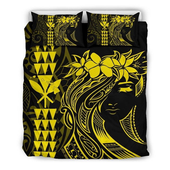 Alohawaii Bedding Set - Cover and Pillow Cases Hawaii Map Kanaka Polynesian Hula Girl - Yellow | Alohawaii.co