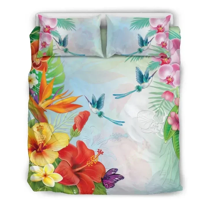Alohawaii Bedding Set - Cover and Pillow Cases Hawaiian Orchids Strelitzia Hibiscus Plumeria Hummingbirds Polynesian | Alohawaii.co